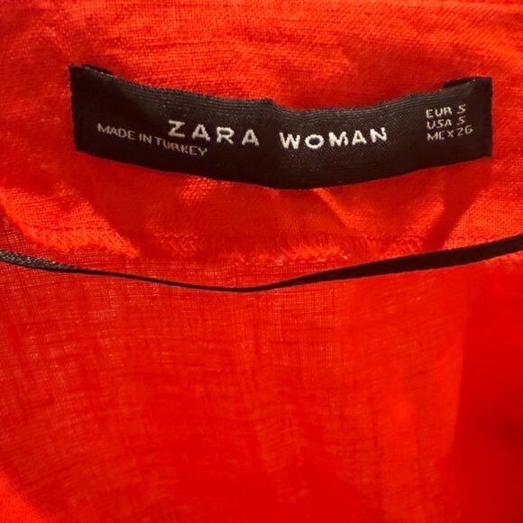 Zara Red Linen Wrap Top V Neck Short Sleeve Blouse (S) - Picture 4 of 4